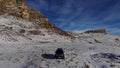 PYATIGORSK, RUSSIA - December 5, 2021: Off-road tour of the winter mountains in Isuzu Vehicross. Aerial view of flying