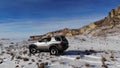 PYATIGORSK, RUSSIA - December 5, 2021: Off-road tour of the winter mountains in Isuzu Vehicross. Aerial view of flying