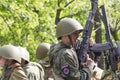 PYATIGORSK, RUSSIA - MAY 9 2014: Victory Day in WWII. Young gunners of the militarized column of military equipment on parade Royalty Free Stock Photo