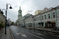 Pyatnitskaya street in the center of Moscow.View of the bell tower of the Church of the beheading Of John the Baptist