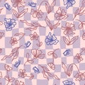 Pychedelic eamless pattern with flowers and butterflies on grid distorted background. Groovy summer print for fabric, paper