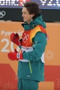 Bronze medalist Scotty James of Australia competes in the men`s snowboard halfpipe final at the 2018 Winter Olympics Royalty Free Stock Photo