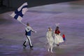 Janne Ahonyen carrying the flag of Finland leading the Finnish Olympic team at the PyeongChang 2018 Winter Olympic Games Royalty Free Stock Photo