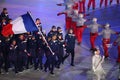 Olympic champion Martin Fourcade carrying the French flag leading the Olympic team France during the 2018 Winter Olympics opening