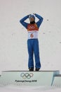 Olympic champion Oleksandr Abramenko of Ukraine celebrates victory in the Men`s Aerials Freestyle Skiing at the 2018 Olympics Royalty Free Stock Photo