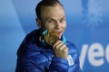 Olympic champion Oleksandr Abramenko of Ukraine celebrates victory in the Men`s Aerials Freestyle Skiing at the 2018 Olympics Royalty Free Stock Photo