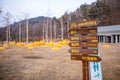 Pyeongchang,South Korea-March 2019l: Wooden sign information board at Haneul Mokjang Farm