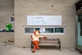 Pyeongchang,South Korea-March 2019: Tourist map of Anbandegi Unyugil Trail with cow statue sit down on a bench