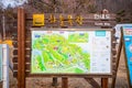 Pyeongchang,South Korea-March 2019: Wooden sign information board with map at Haneul Mokjang Farm