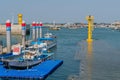 Fishing boats moored to floating dock at Jeongok port