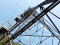 The pylon of the cableway that connects the towns of Albino and Selvino. Green painted pylons to camouflage them in the woods Royalty Free Stock Photo