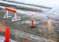 Pylon and closed road sign in winter Royalty Free Stock Photo