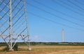 pylon with high voltage cables for transport of electricity and the chimney of thermoelectric power plant Royalty Free Stock Photo