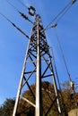 Pylon with wires under high voltage over the railway against the blue sky on a day Royalty Free Stock Photo