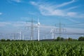 Pylons, power lines and wind turbines Royalty Free Stock Photo