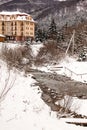 Pylypets, Ukraine, January 3 2020: Hotel in Karpaty during wintertime