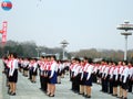 PYONGYANG - MARCH 23: Korean pioneer kids during military parade Royalty Free Stock Photo