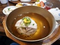 Pyongyang naengmyeon, cold soup with the noodles contained in broth made from beef. Traditional food in North Korea.