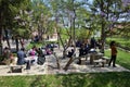 Pyongyang, North Korea. Families at bbq picnic in public park