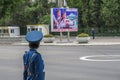 The Pyongyang traffic police women are beautiful scenery in the streets. Pyongyang, North Korea