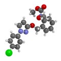Pyraclostrobin fungicide molecule. 3D rendering. Atoms are repre