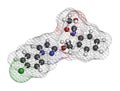 Pyraclostrobin fungicide molecule. 3D rendering. Atoms are represented as spheres with conventional color coding: hydrogen (white