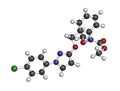 Pyraclostrobin fungicide molecule. 3D rendering. Atoms are represented as spheres with conventional color coding: hydrogen (white