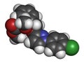 Pyraclostrobin fungicide molecule. 3D rendering. Atoms are represented as spheres with conventional color coding: hydrogen white.