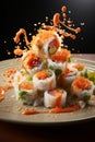 Pyramid of assorted sushi rolls on plate in splashes of spicy sauce on black background Royalty Free Stock Photo