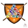 Pyramid of billiard balls with crossed cues in center of shield on white. Sport logo for any team