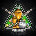 Pyramid of billiard balls with crossed cues in center of triangle green pool table. Sport logo for billiard game