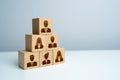 Pyramid of blocks with workers. Putting people in their places. Assemble a team of employees. How many workers can you effectively Royalty Free Stock Photo