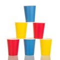 Pyramid bright paper disposable cups isolated on white background.