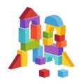 Pyramid built from children`s cubes. Toy castle for children`s play