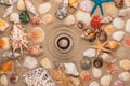 Pyramid in the center of a circle made of sand, among seashells and stars
