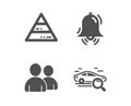 Pyramid chart, Clock bell and Users icons. Search car sign. Report analysis, Alarm, Couple of people. Vector