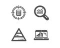 Pyramid chart, Data analysis and Calculator target icons. Graph laptop sign. Vector