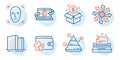Pyramid chart, Face detection and Buildings icons set. Typewriter, Post package and Copywriting notebook signs. Vector