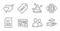 Pyramid chart, Users and Leaf icons set. Sale ticket, Video file and Bitcoin exchange signs. Vector