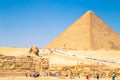 Pyramid of Cheops and the Great Sphinx. Great Egyptian pyramids Royalty Free Stock Photo