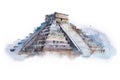 Pyramid Chichen Itza in Mexico watercolor drawing. Temple of Kukulkan aquarelle painting Royalty Free Stock Photo