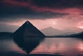 Pyramid on the coast of a lake on a dark gloomy sunset, AI-generated.