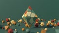 Pyramid with colorful surface. Green, orange, brown balls and polyhedrons. green background. Abstract illustration, 3d render