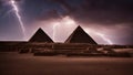 the pyramid A cosmic dance of forces, where the pyramid and lightning are partners. The pyramid is brown and ancient