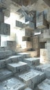 A pyramid of cubes in various sizes creating a dynamic display in the corner of the room