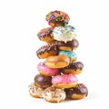 Pyramid of delicious appetizing sweet colorful donuts isolated on white close-up,