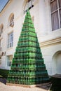 Pyramid of empty bottles of champagne