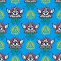 Pyramid with an eye pattern seamless. All-seeing eye background. Symbol of world government. Illuminati conspiracy theory texture Royalty Free Stock Photo