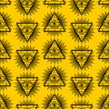 Pyramid with an eye pattern seamless. All-seeing eye background. Symbol of world government. Illuminati conspiracy theory texture