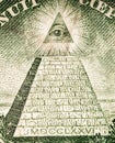 Pyramid, Eye of Providence. Extreme Pyramid of Banknotes of the United States dollar on white background.